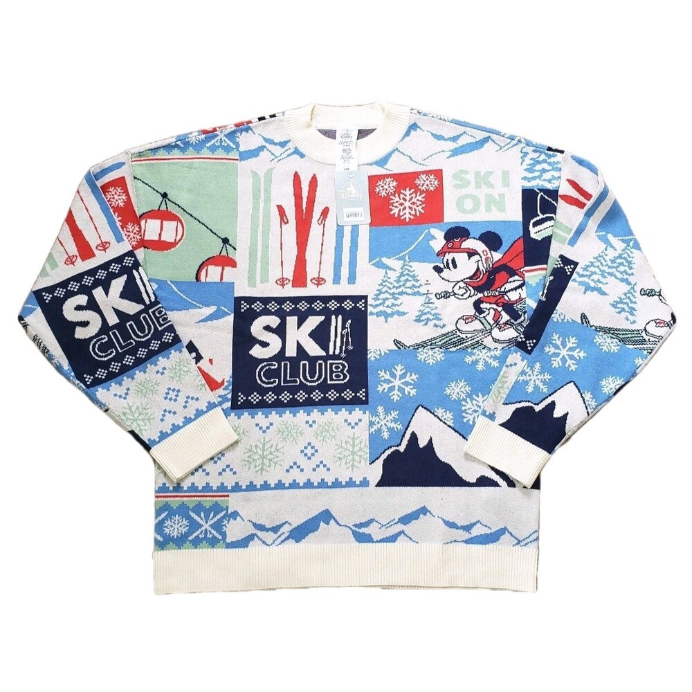 NWT Disney Mickey Ski Club Size Medium Mens RELAXED Fit Patchwork Sweater Snow